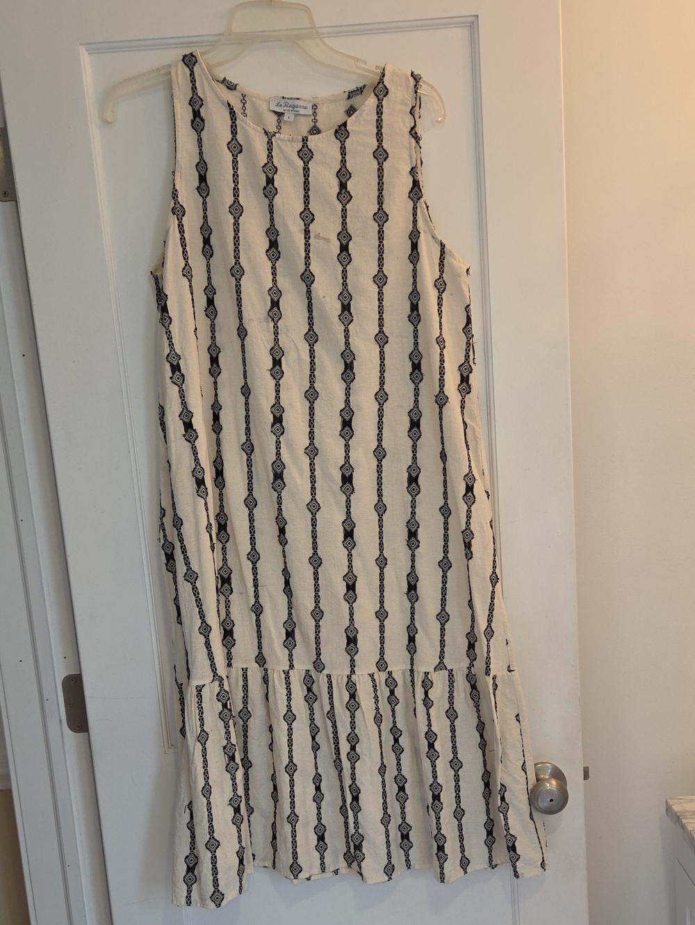 Le Raganne Cream Dress with Black Geometric Print. Made In Italy